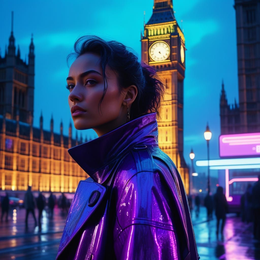 Cyberpunk Woman in London at Dusk with Neon Lights