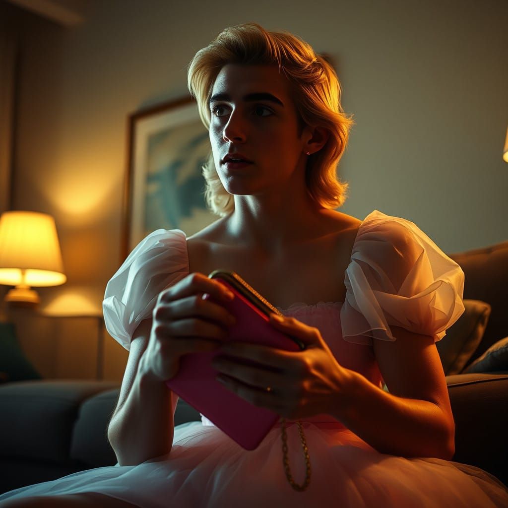 Chiseled Young Man Surprised in Elegant Prom Dress, Cinemati...