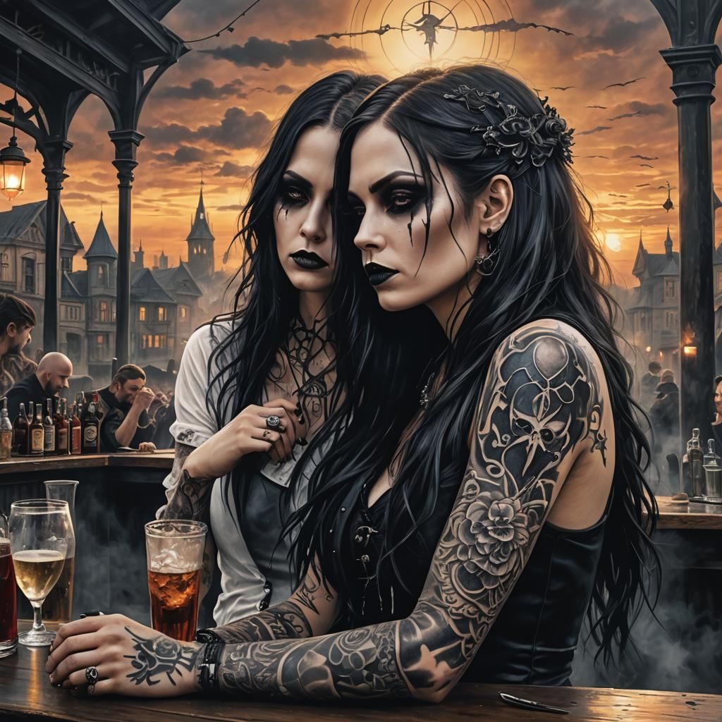 Gothic Love Duo Against Sunset in a Moody Bar