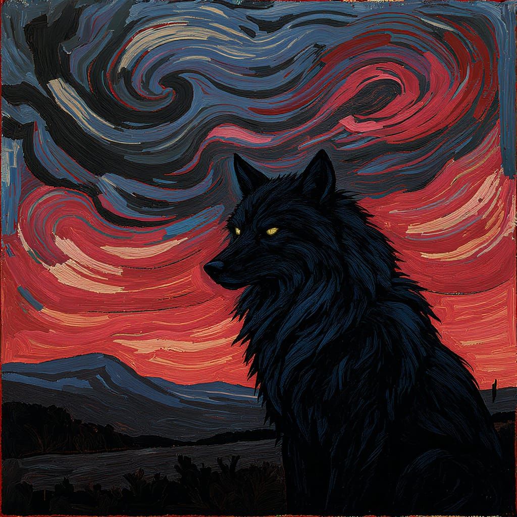 Lone Wolf in Twilight Sky - German Expressionist Style