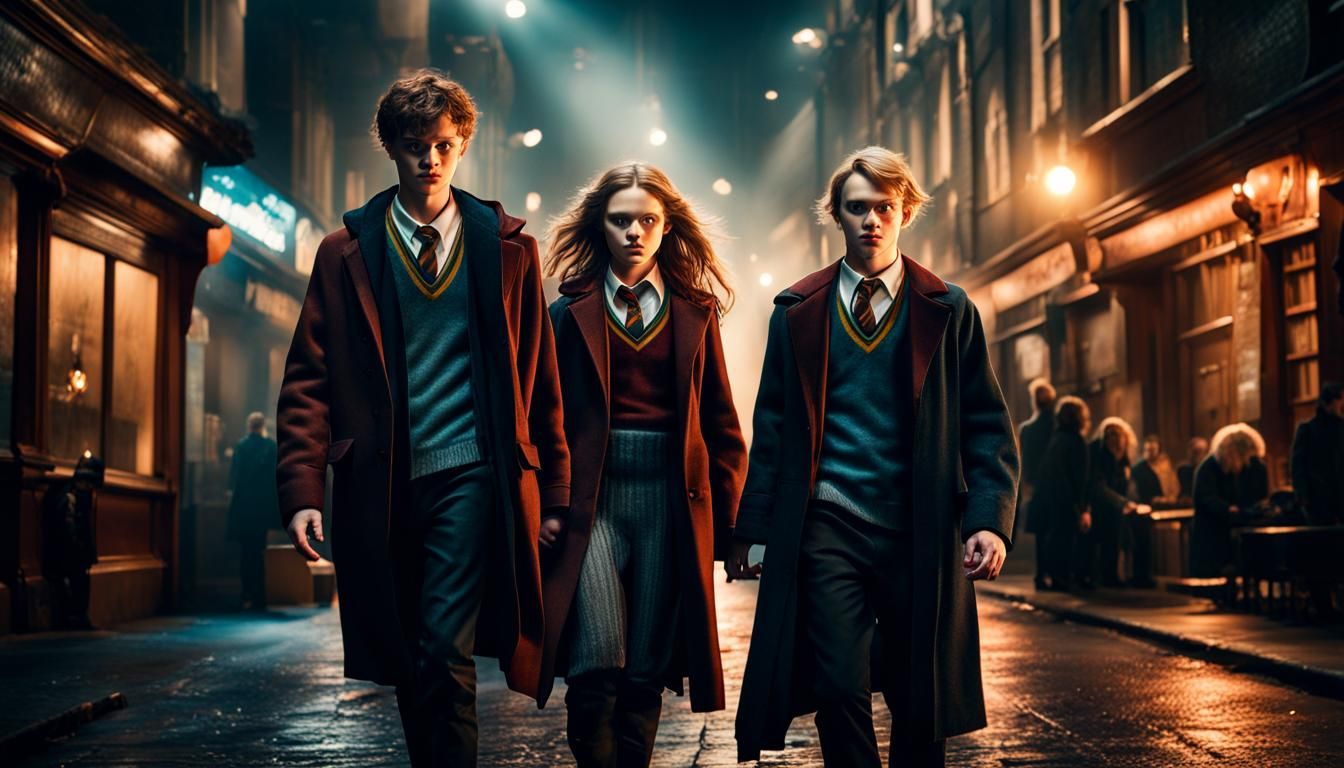 Hogwarts Students Envisioned in a Neon Nightlife Scene