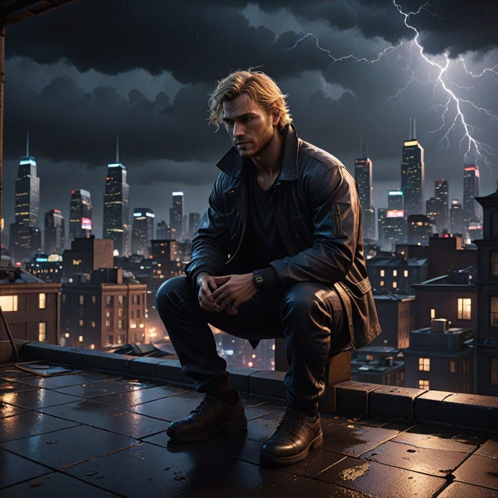 Moody Rooftop Scene in Stormy Night Cityscape
