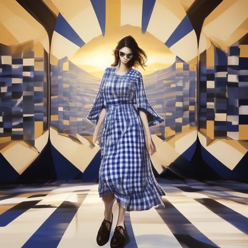 Elegant Woman in Oversized Gingham, Cinematic Film Still