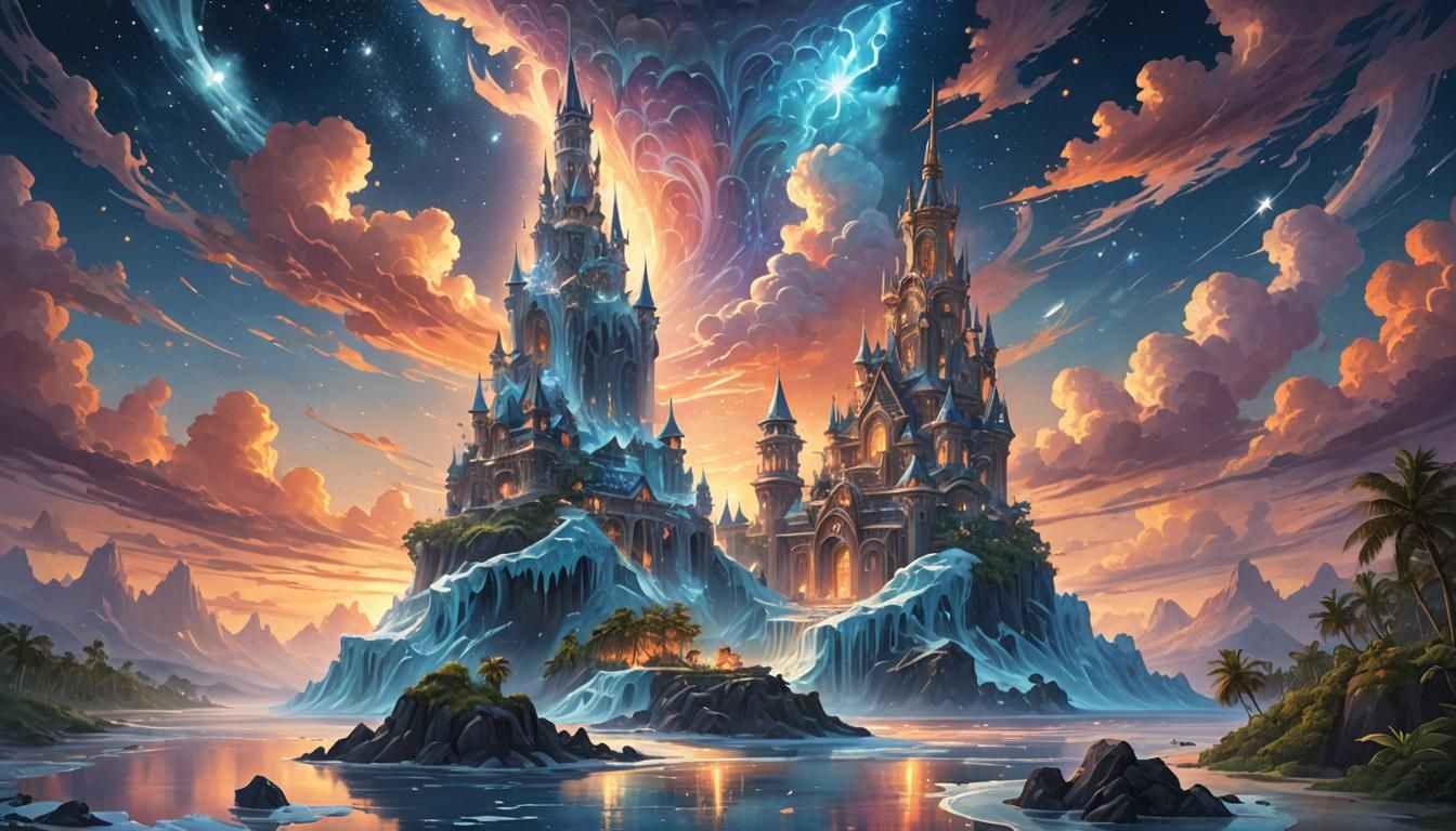 Surreal Tropical Fantasy Ice Tower at Sunset