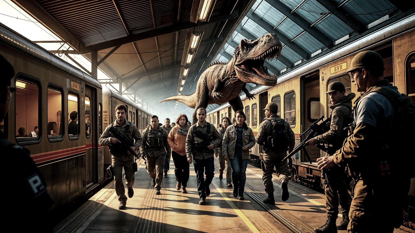 Gritty Sci-Fi Scene: Soldiers and Cloned Velociraptors in a....