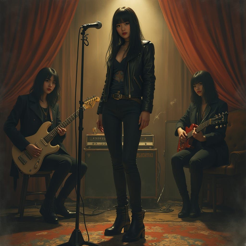 Japanese Female Blues Rock Band LP Cover Art in a Vibrant St...