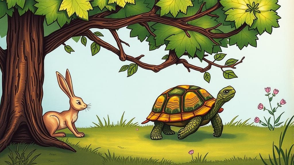The Hare and the Tortoise Fable: The Hare fast asleep under a Tree, while the Tortoise wins the Race