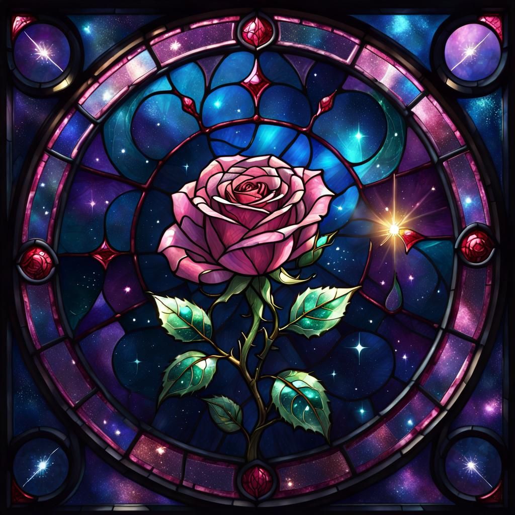 Shimmering Celestial Rose in Dark Fantasy Stained Glass