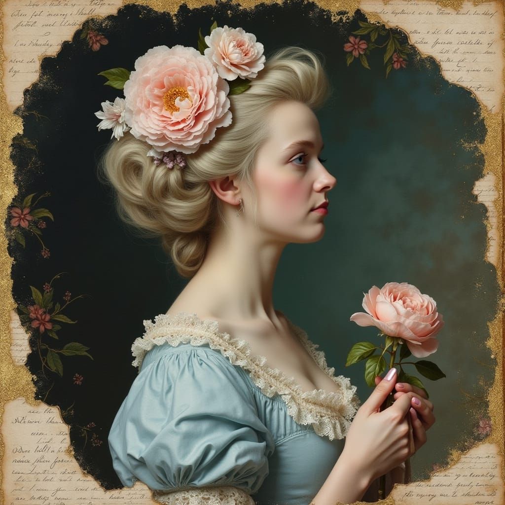 Elegant 18th-Century Woman in Rococo Dress with Floral Hair