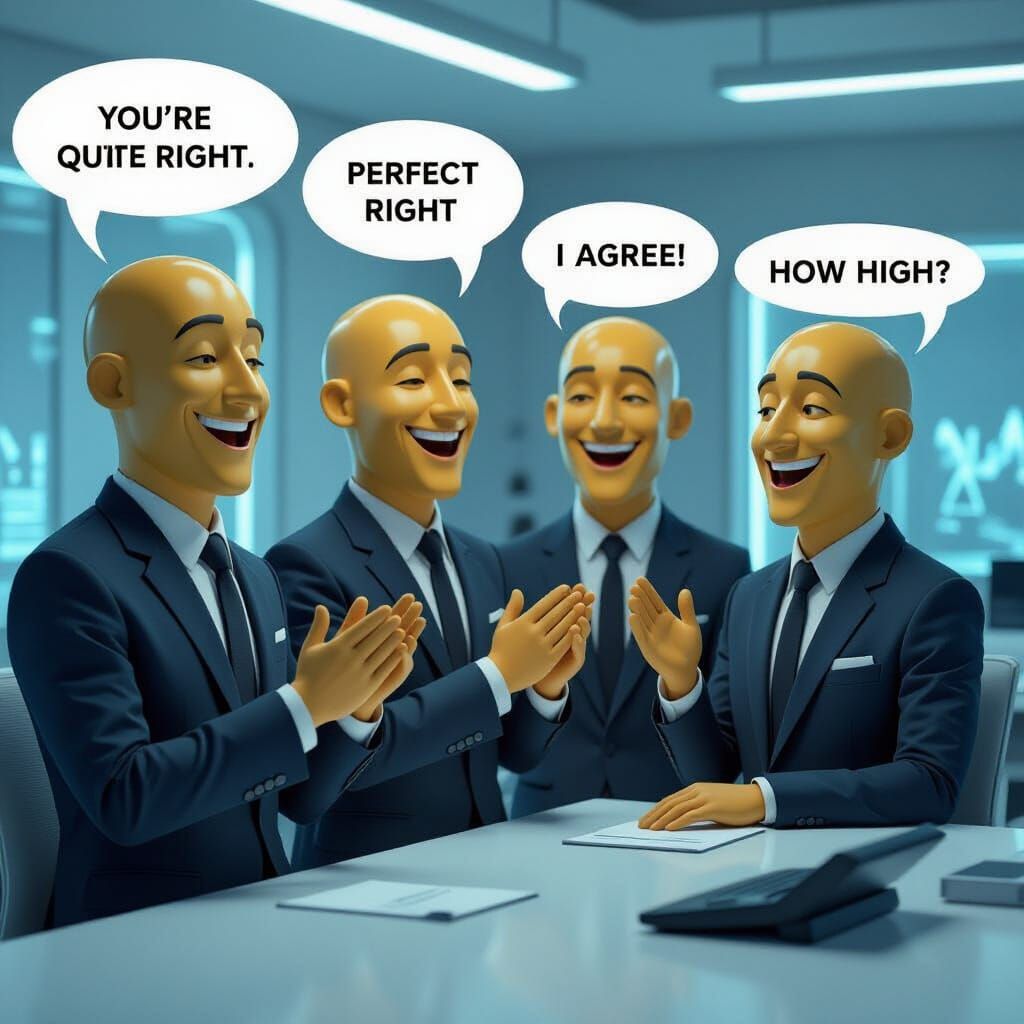 Anthropomorphic Figures Nodding in Futuristic Office