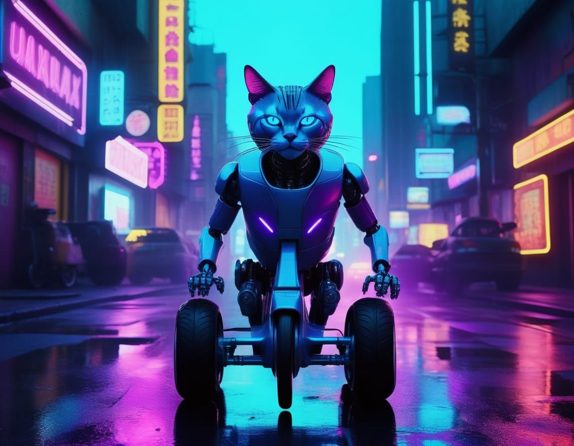 Robot Cat Rides a Tricycle in Cyberpunk Style