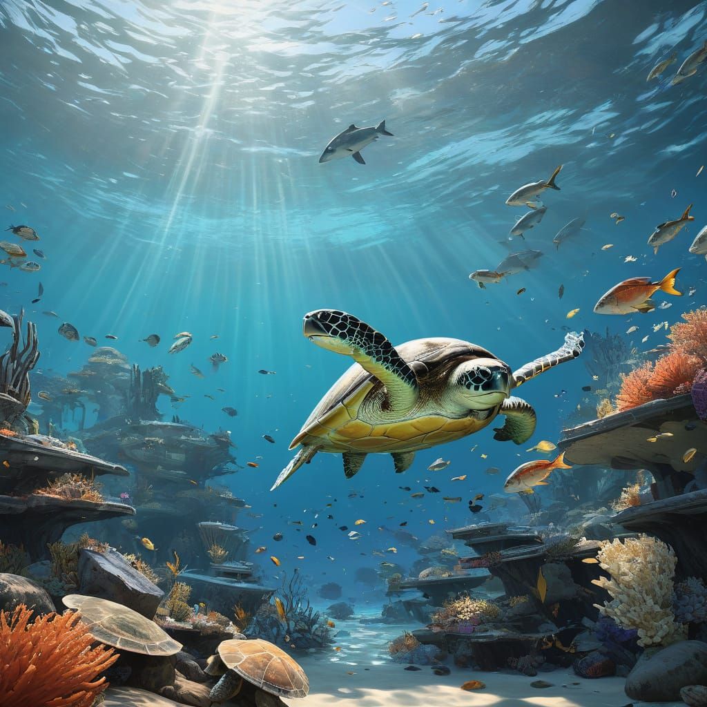 Turtles vs Shark in Vibrant 3D Anime Ocean Scene