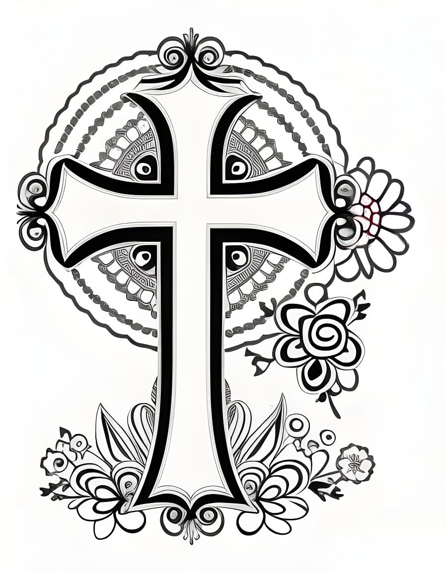 Stunning Line Art Christian Cross with Delicate Flowers