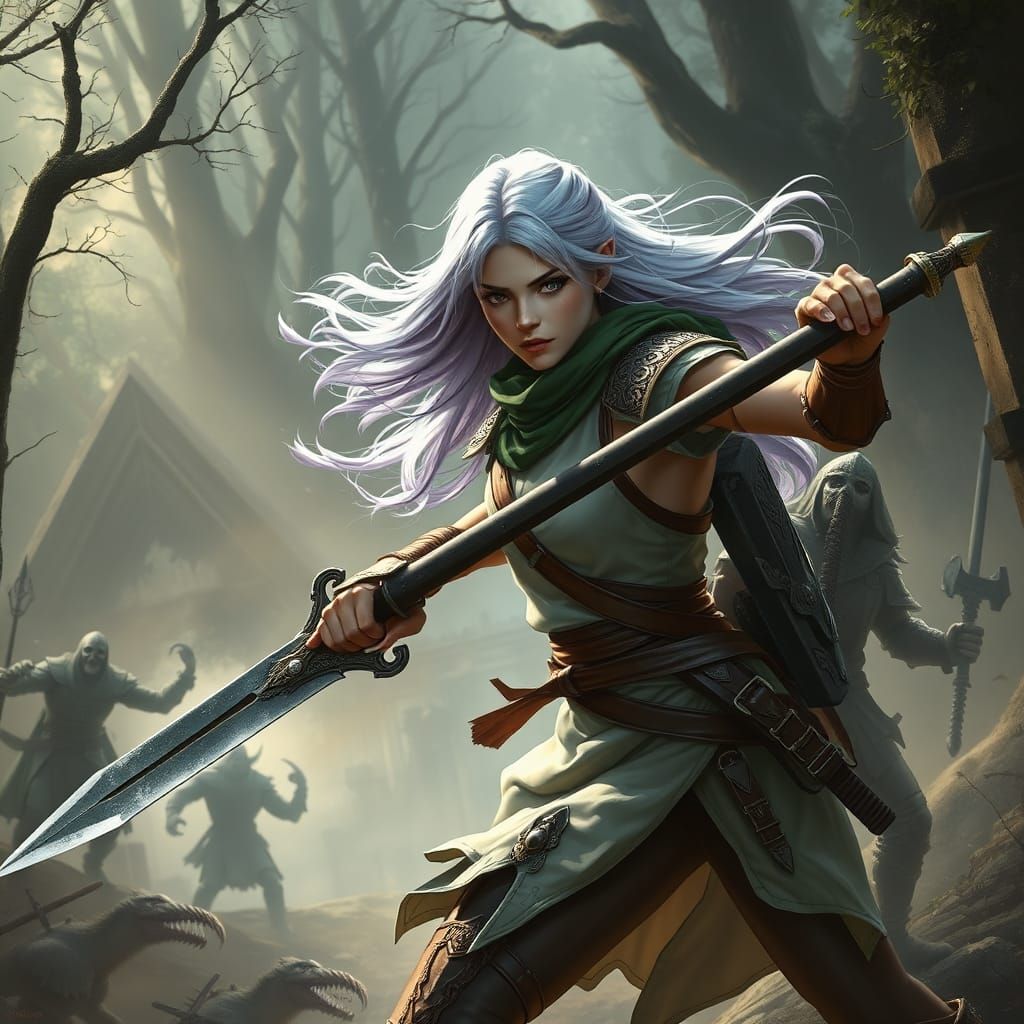 Fierce Female Ranger Battles Undead in Mystical Forest