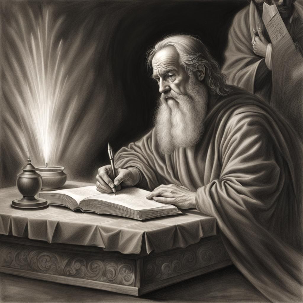 Apostle John Writes Revelation in Hyperdetailed Charcoal