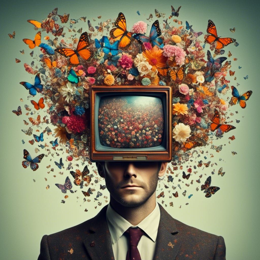 TV Head Man Amidst Vibrant Blooms and Colorful Bars