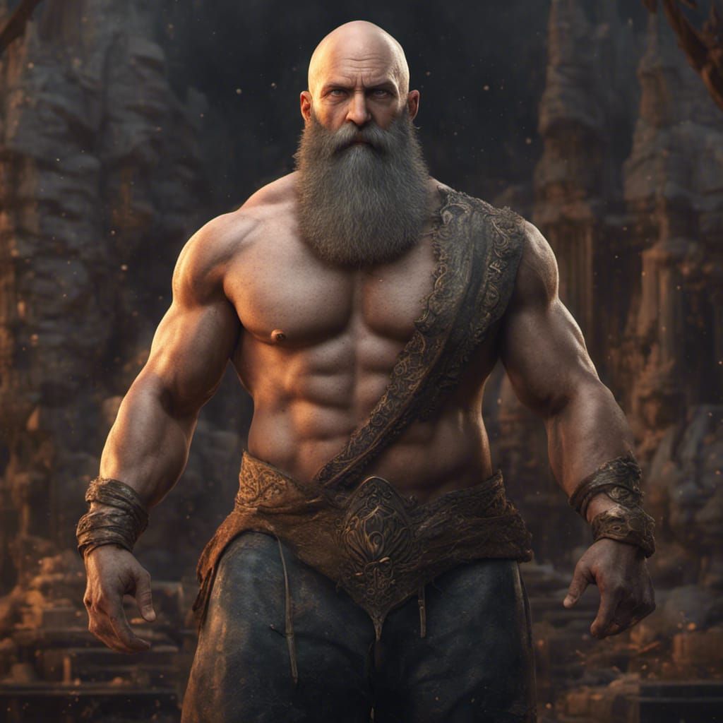 Muscular Bald Warrior in Fantasy Landscape