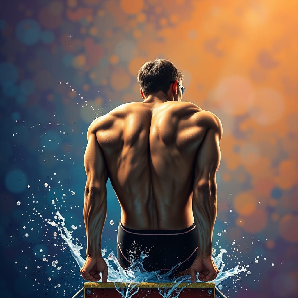Hyperrealistic Swimmer Dives into Colorful Background