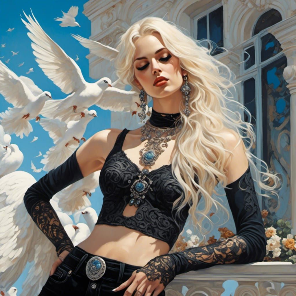 Girl in Adorned Boho Chic with Doves Flying Overhead