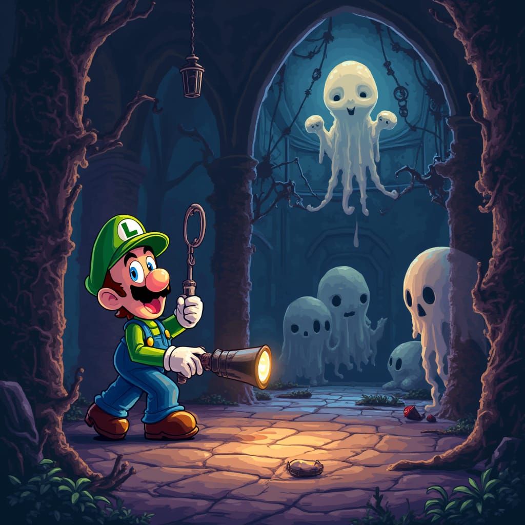 Luigi's Ghostly Mansion Adventure: A Nintendo-Inspired Scene