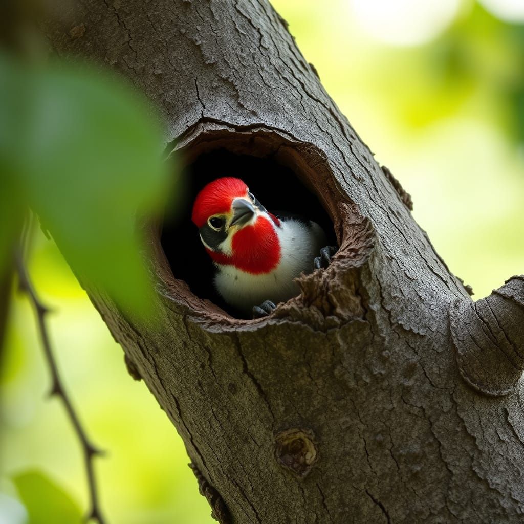 Woodpecker Peeking Out of Tree Hole