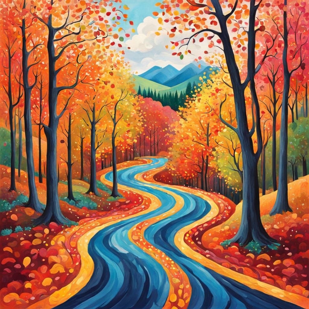 A winding road lined with trees during autumn 93
