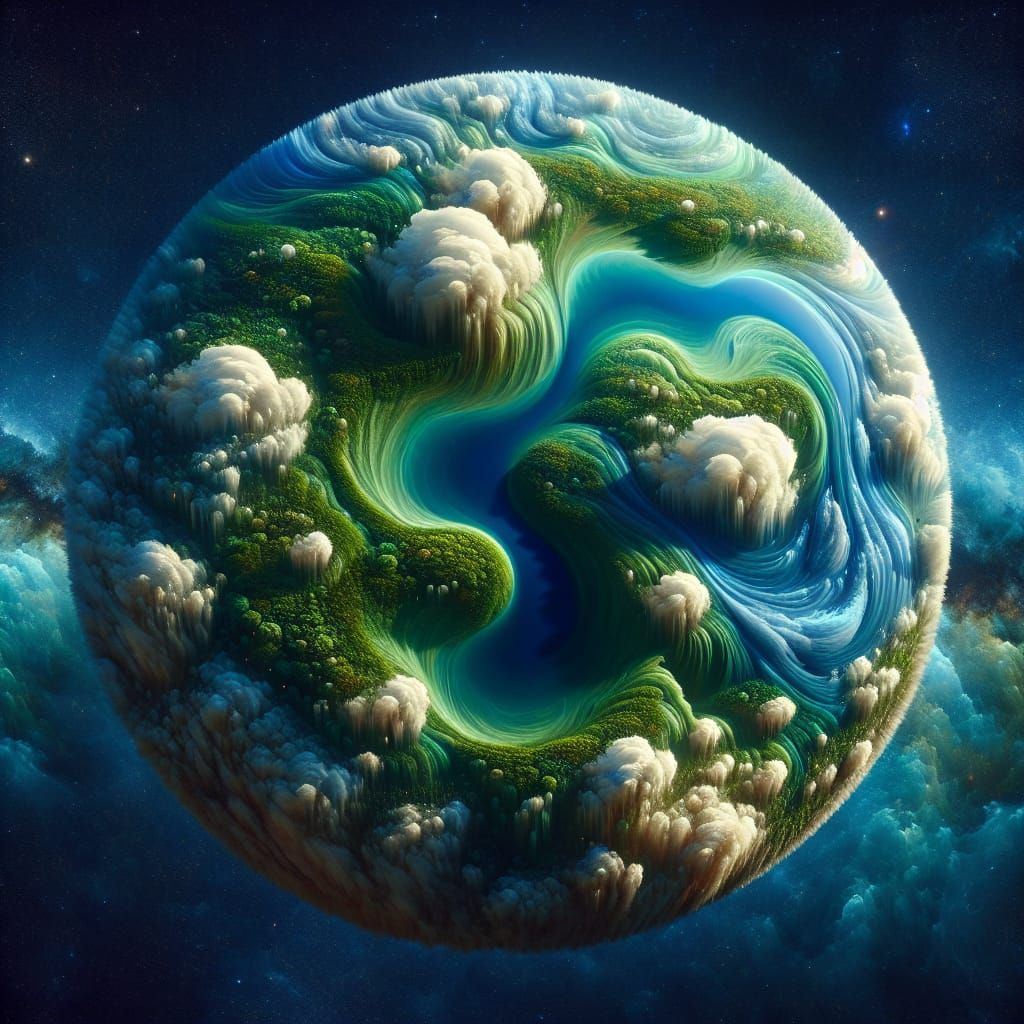 Whimsical Celestial World with Vibrant Green Landscapes