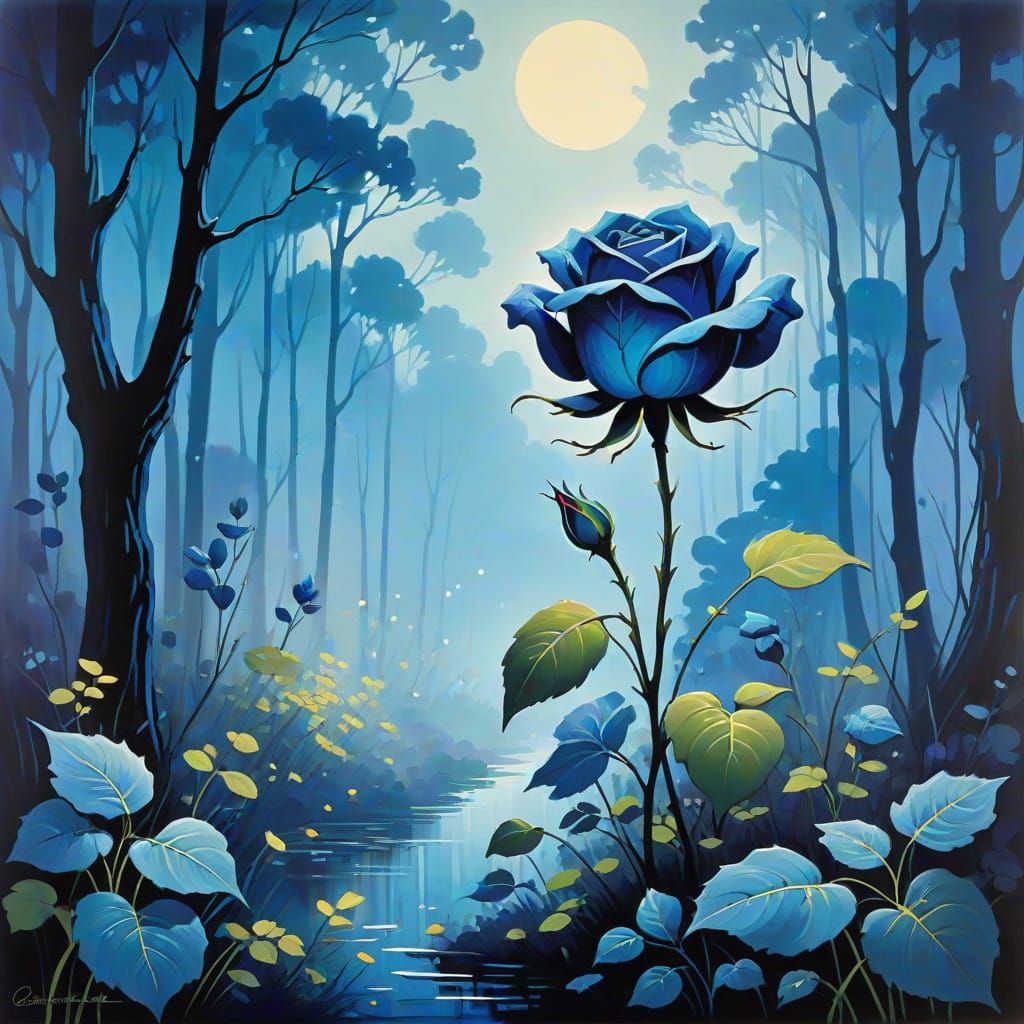 A single glowing blue rose blooms in the heart of a dark enc...