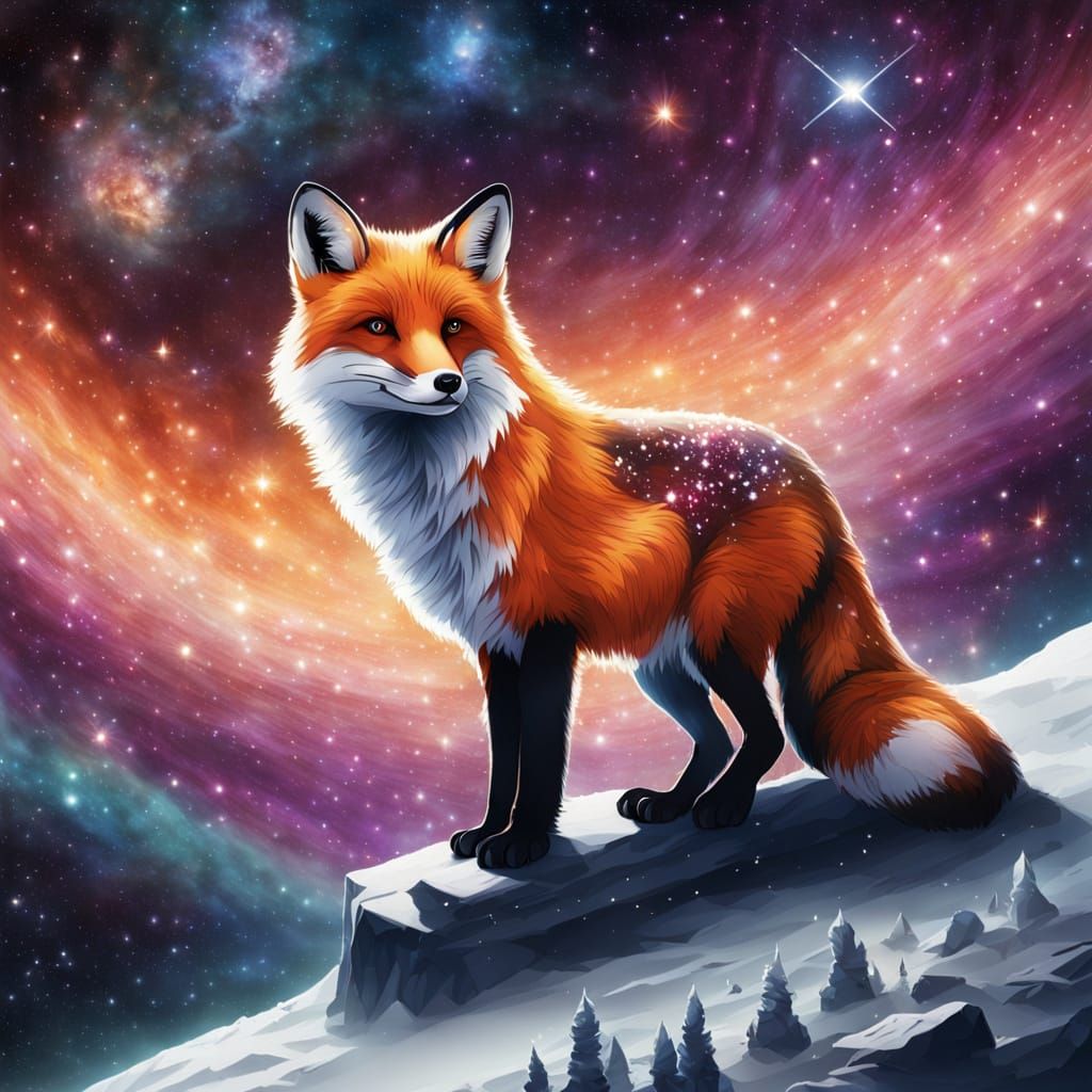 Cosmic Fox Contemplates Celestial Wonders in Vibrant Galaxy