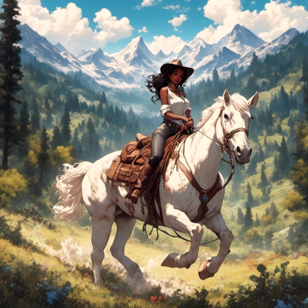Vintage Cartoon Ranch Scene with Cowboy on White Bronco