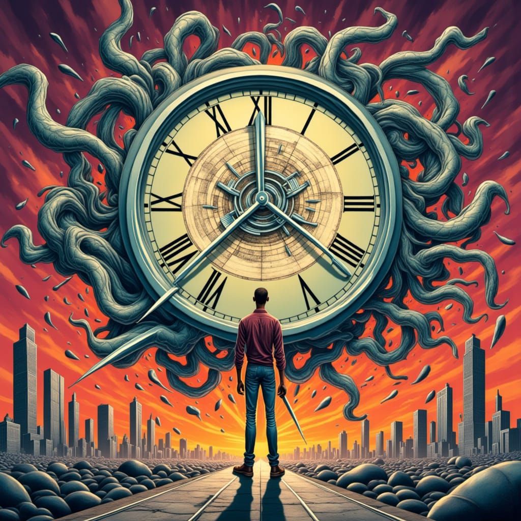 Cyberpunk Visionary Standing Before Futuristic Clockwork Met...