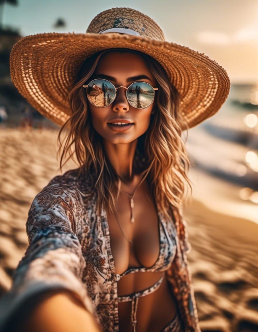 Hyperrealistic Bikini Model in Moody Beach Scene