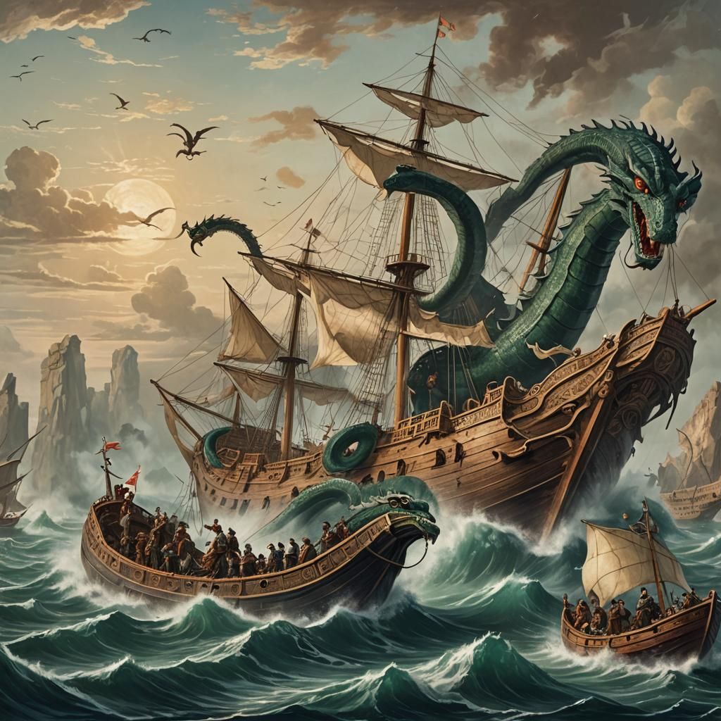 Mythic Sea Monster Battles Ancient Warship