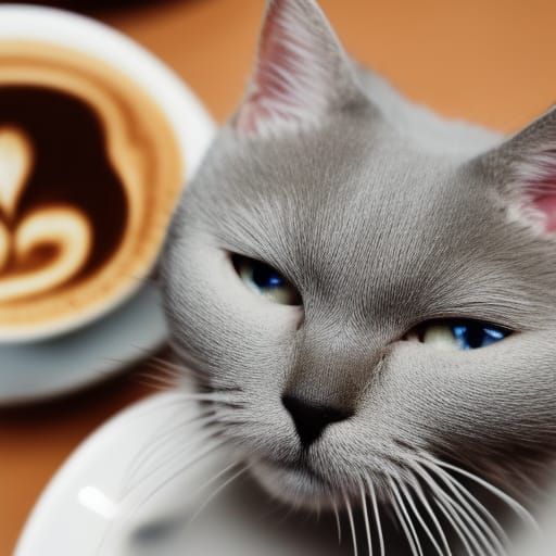 Imposing British Short Hair Cat Enjoys Luxury Cappuccino in....