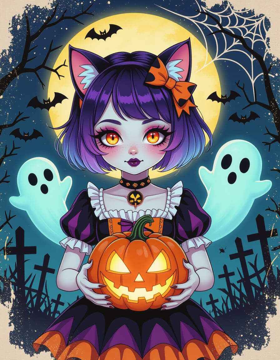 Ghostly Girl with Evil Pumpkin in Vintage Video Game Style