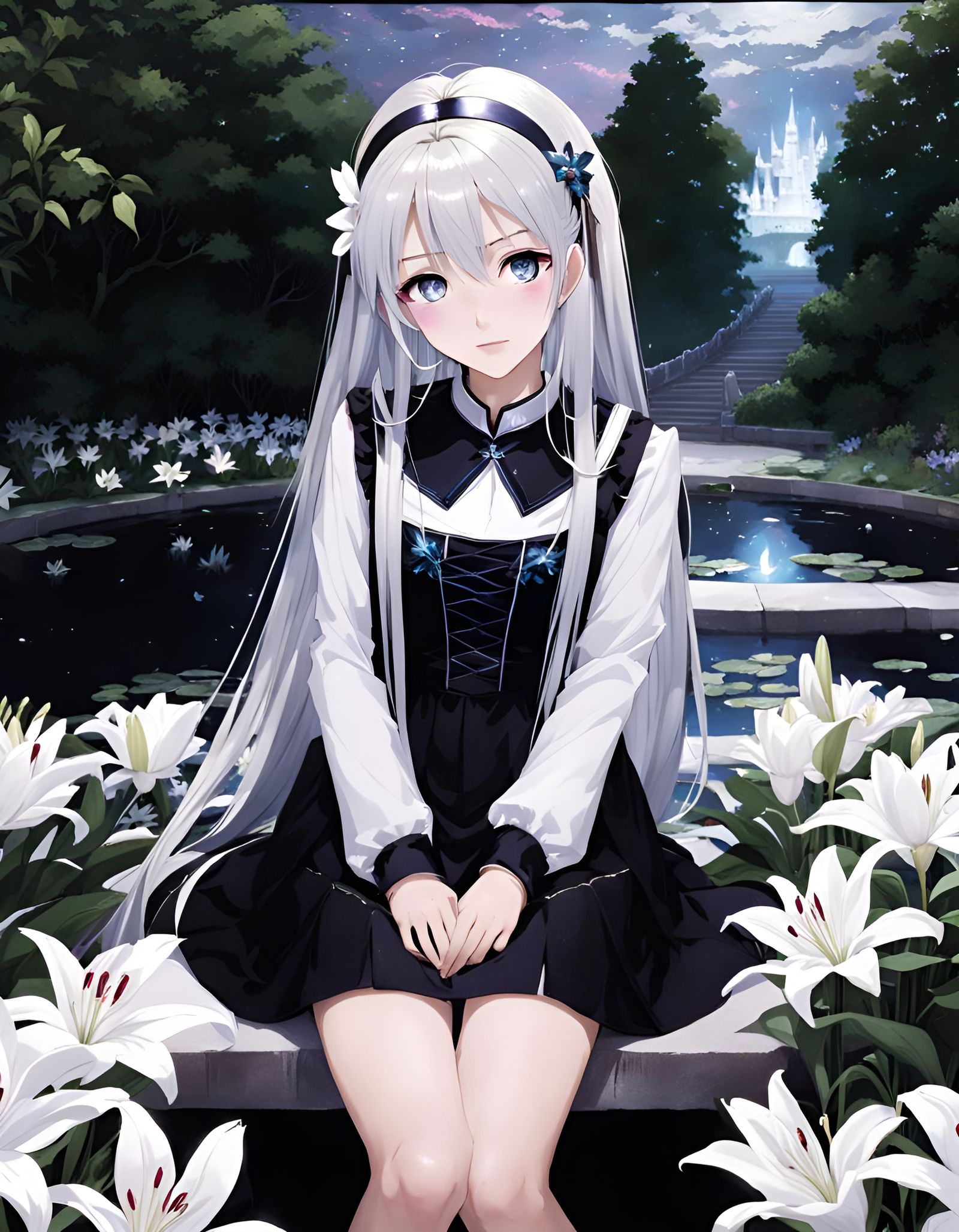 Girl in a Fantastical Anime Garden Scene