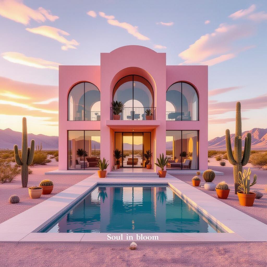 Surreal Pink Desert House with Panoramic Windows at Sunset