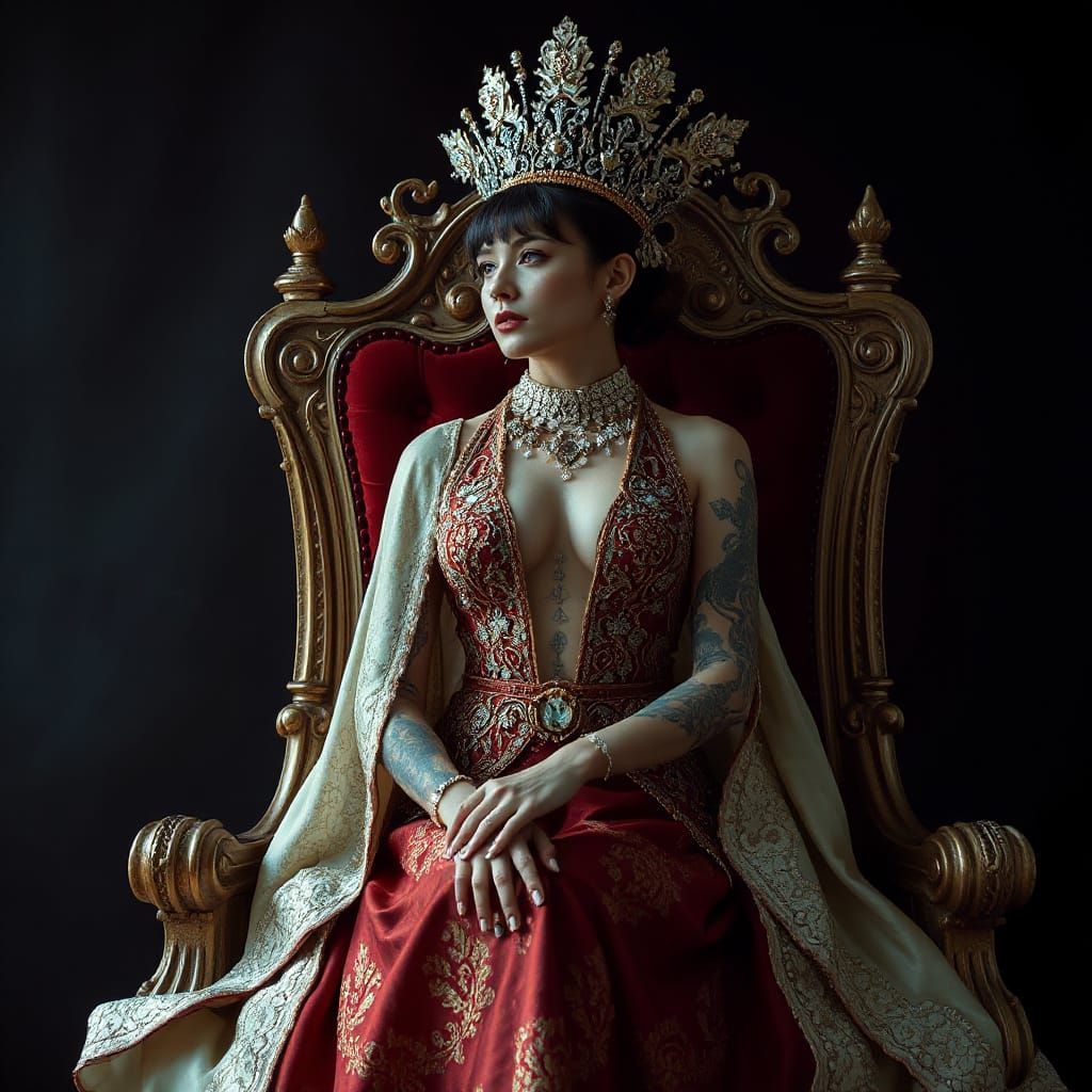 Luxurious Queen in Exotic Attire with Intricate Tattoos in a...