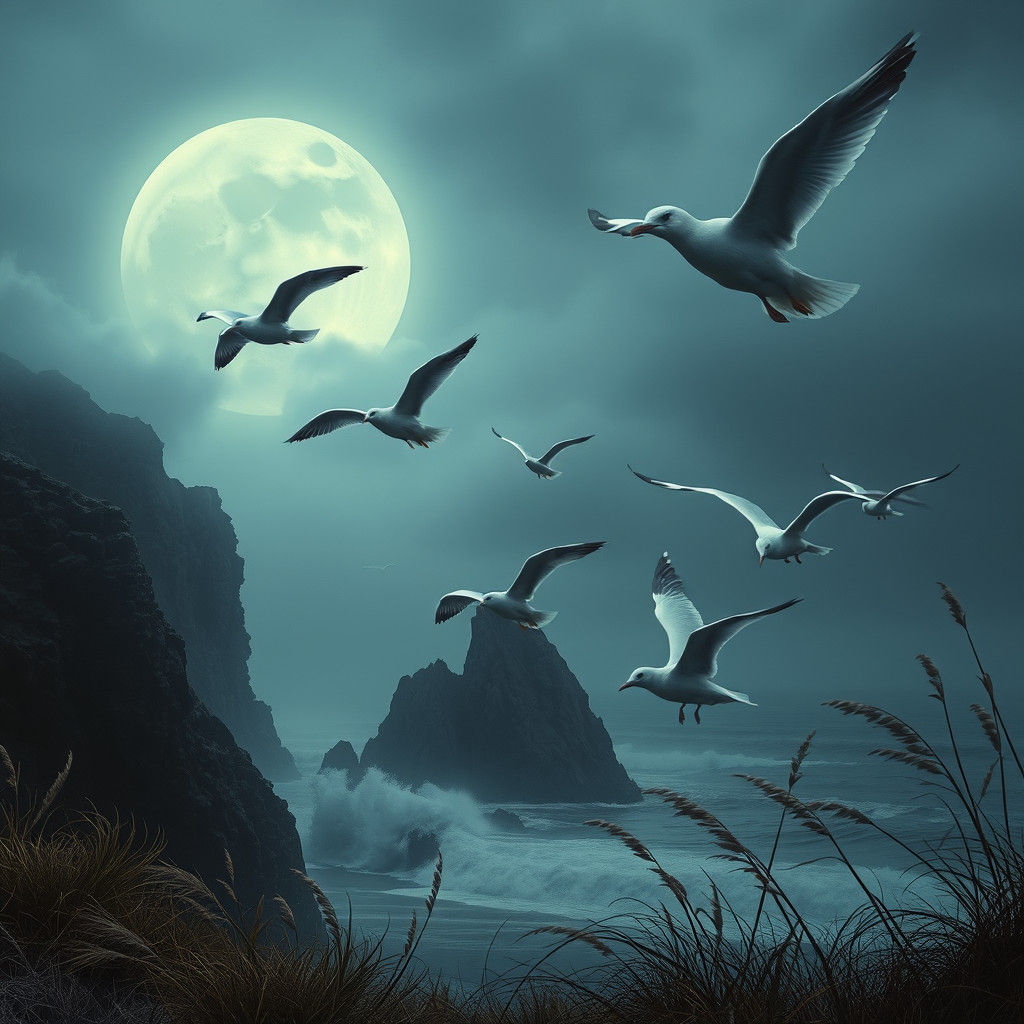 Ethereal Seagulls in Surreal Coastal Landscape