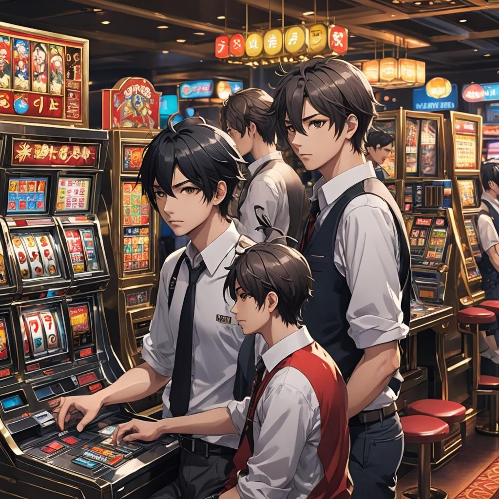 Anime Young Men in a Vibrant Arcade Atmosphere