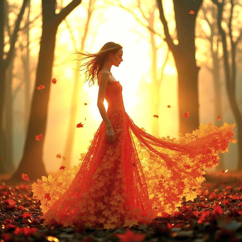 Ethereal Autumn Goddess in Mystical Forest
