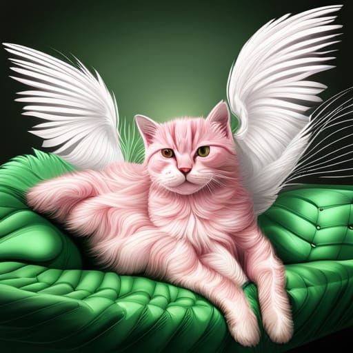 pink and white striped kitten with wings laying on a green c...