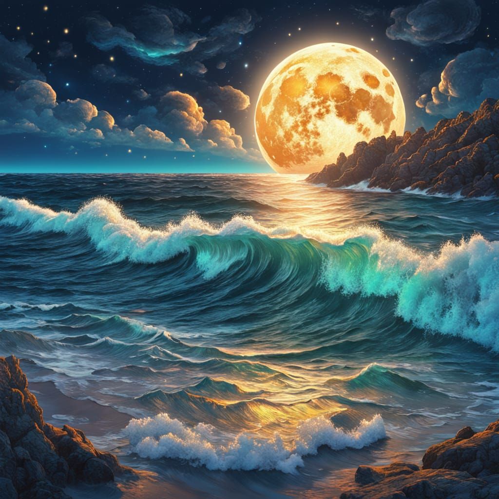 Cosmic Moonrise Over Wild Sea, Mixed Media Art