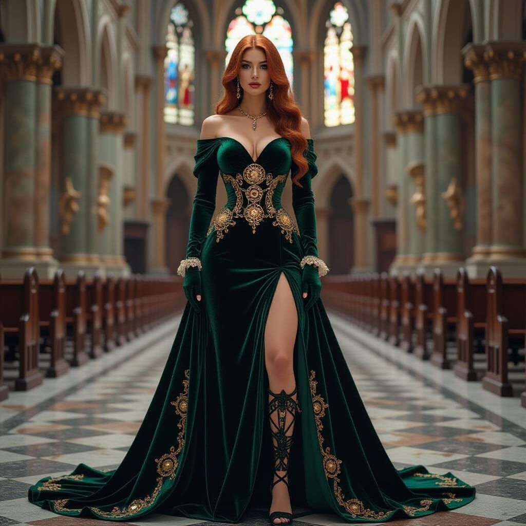 Emerald Gown in Abandoned Cathedral: Pre-Raphaelite Style