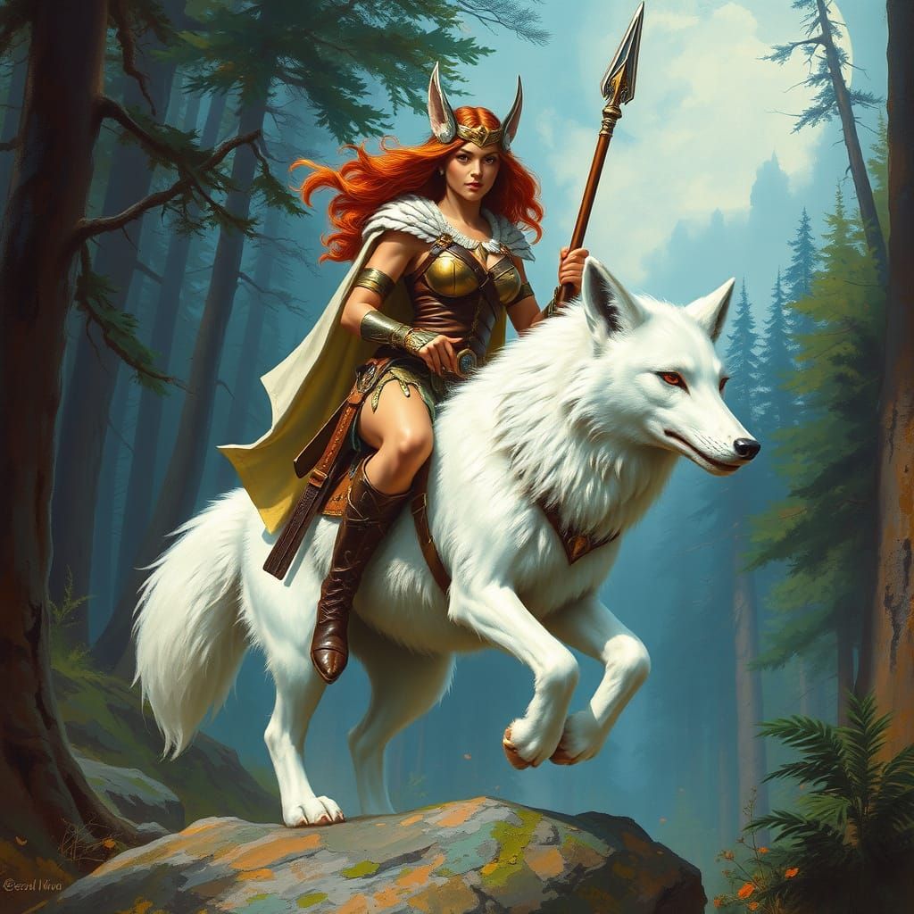 Amazon Warrior Riding Fox in Mystical Forest