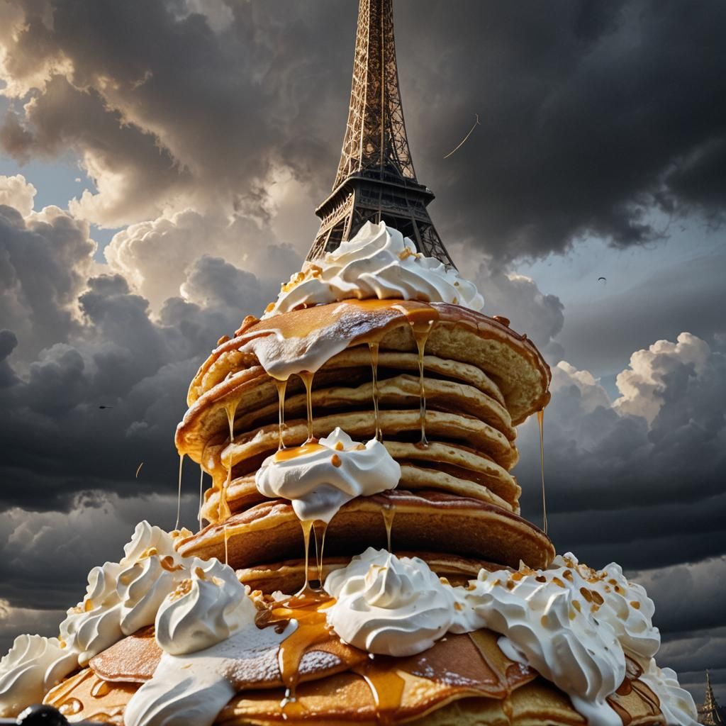 Surreal Eiffel Tower Invasion by Gigantic Golden Pancake
