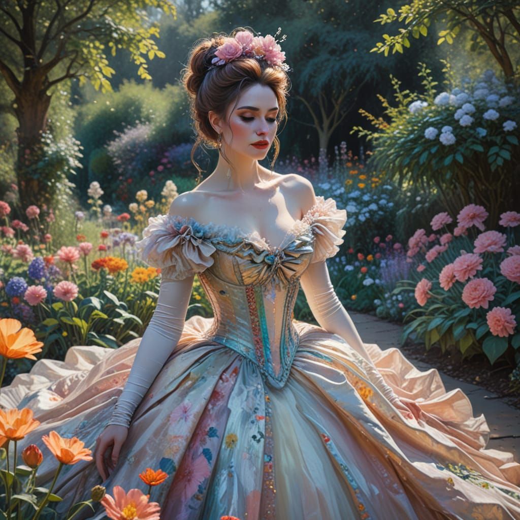 Impressionistic Garden Scene with Drag Queen in Flowing Gown