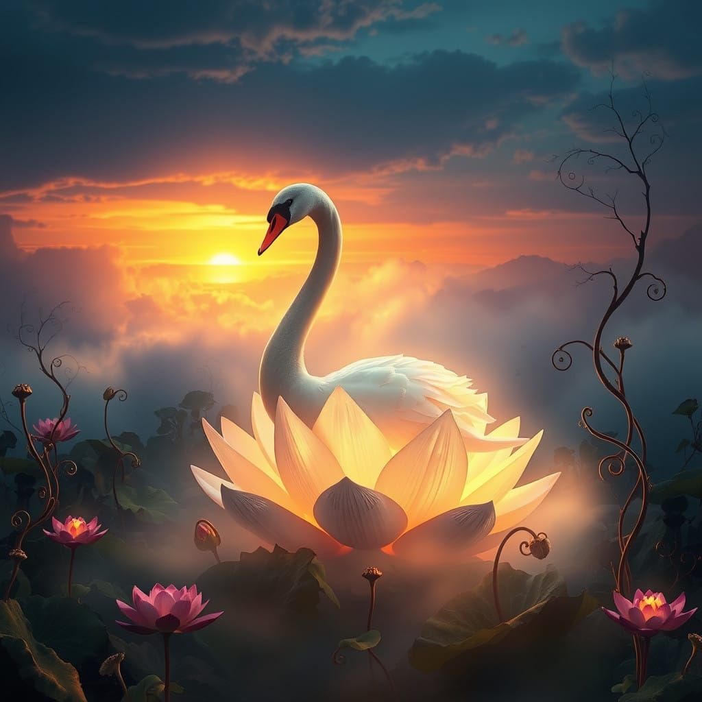 Ethereal Swan Amidst Mystical Lotus Scene