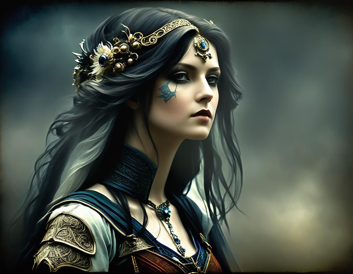 Android Figure in Ethereal Portrait with Grimdark Medieval T...