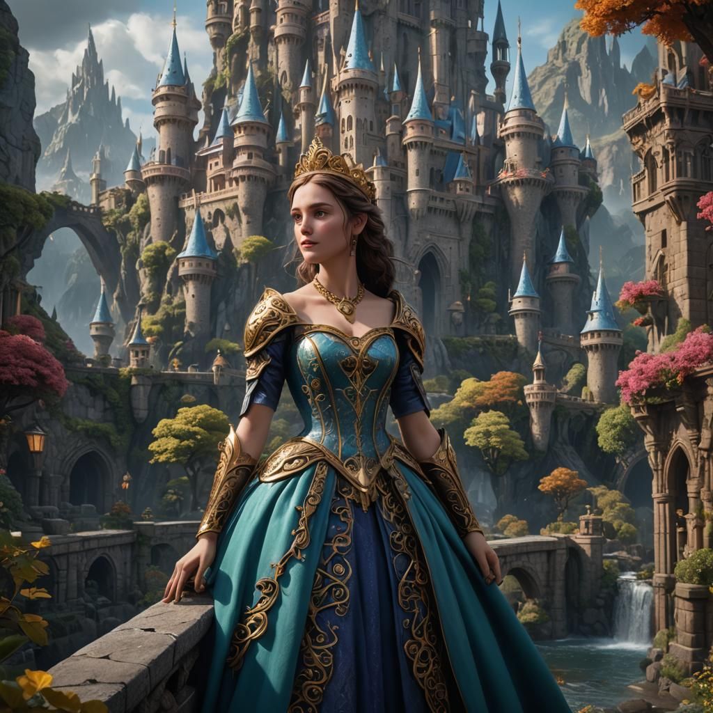 Fantastical Princess in Vibrant, Detailed Landscape